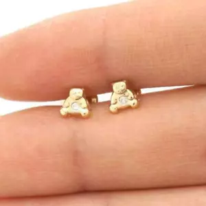 14K Solid Yellow Gold White Zircon Teddy Bear Baby Screwback Stud Kid Earrings - Picture 1 of 4