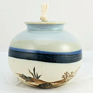 OTAGIRI Oil Lamp Candle Vase Stoneware Seashell Starfish Beach Blue Tan Japan - Picture 1 of 12