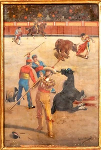 “Bullfighting scene”. Oil on panel. Early 20th century. - Picture 1 of 4