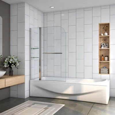Chrome 1200x1400mm 180°Pivot Bath Shower 6mm Glass Screen With Shelve&Towel Rail - Image 1 of 4