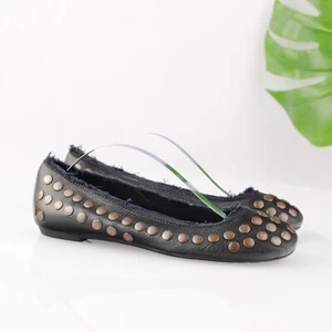 Pedro Garcia Womens Ballet Flat Size 38 8 Black Leather Studded Shoe Frayed Edge - Picture 1 of 17