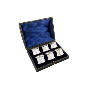 SET OF 6 ANTIQUE GEORGE V STERLING SILVER NAPKIN RINGS IN CASE 1920/21 - Picture 1 of 9
