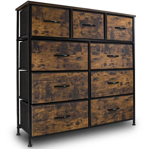 Dresser 9 Drawers Tall Storage Organizer Unit Fabric Bins Wood Top Rustic Brown - Picture 1 of 7