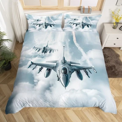 Juego de funda nórdica de avión de combate Cool Silver War Aircraft juego de cama 3 piezas para K... Foto 1 de 4