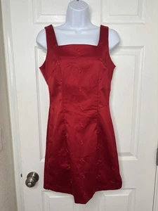 Vintage 90s Y2K All That Jazz Red Satin Dress Sz 7/8 Square Neck Cocktail - Picture 1 of 9
