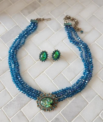 Heidi Daus Blue Beaded Faux Black Opal Necklace And Earring Set SIGNED - Image 1 of 4