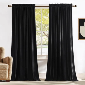 Black Velvet Curtains 84 inch Long for Bedroom Rod Pocket Blackout Panels, So... - Picture 1 of 9