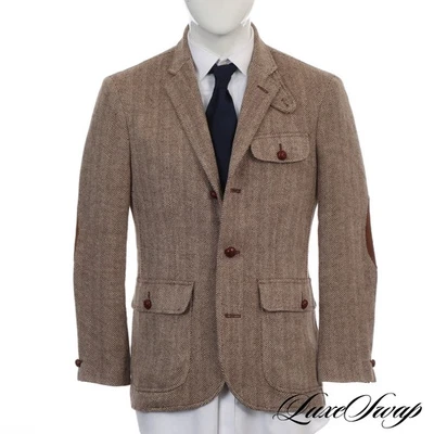 #1 MENS Polo Ralph Lauren Silk Linen Mocha Herringbone Leather Elbow Jacket 40 - Image 1 of 4