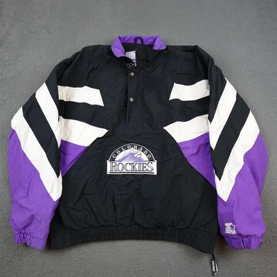 Jaqueta de beisebol vintage Colorado Rockies masculina GG preta roxa MLB iniciante anos 90 - Imagem 1 de 4