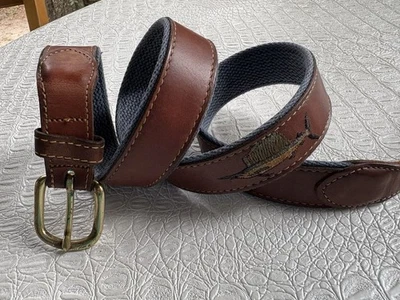 Leather Man Ltd Belt Mens 38 Embroidered Sailfish Leather Blue Canvas Brass USA - Image 1 of 4