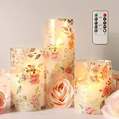 Velas rosadas sin llama con temporizador remoto, velas de vidrio parpadeantes, rosa rosa Foto 1 de 4