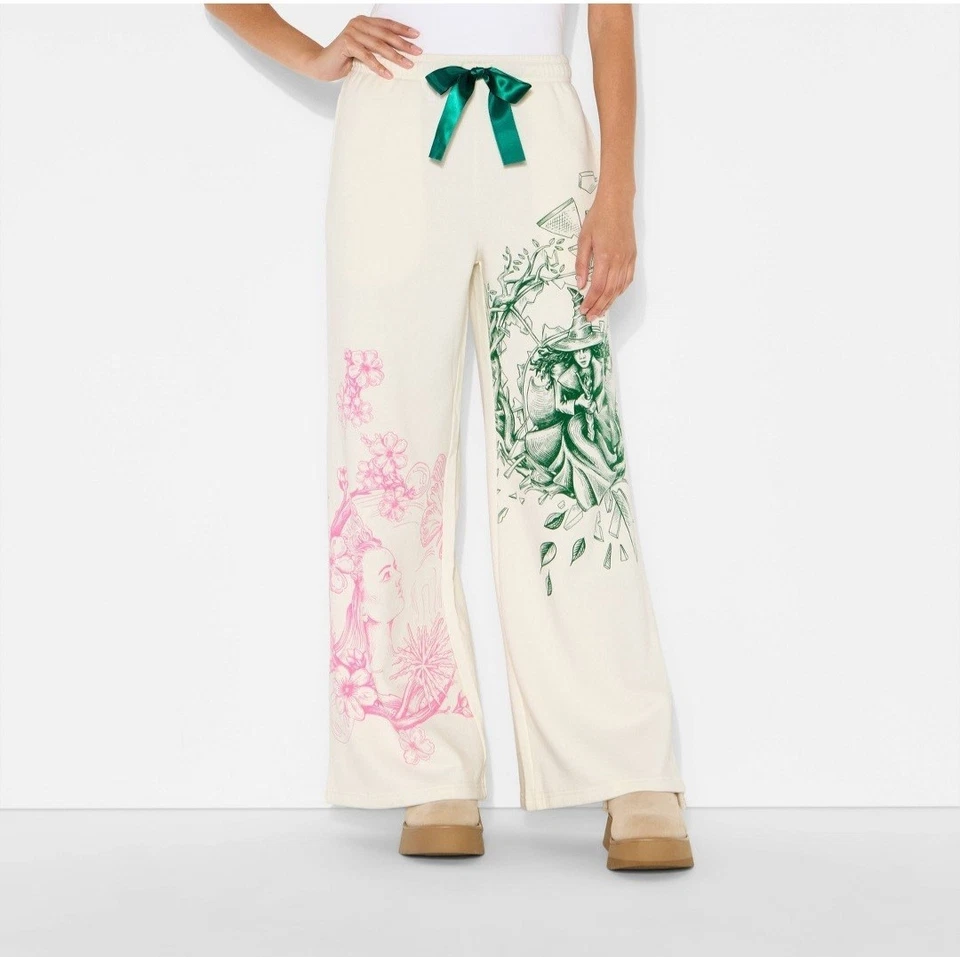 WICKED X KATIE KIME Wide Leg Lounge Sweatpants MED Cream W/ ELPHABA GLINDA