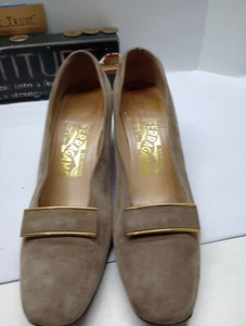 Salvatore Ferragamo Beige gold Suede Block Heel Pumps - US Women's 7 AA Italy - Picture 1 of 11