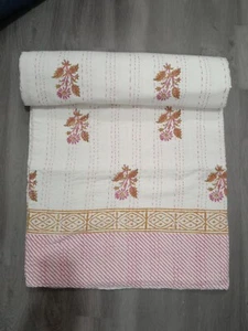 Hand Block Floral Kantha Quilt Throw Reversible Bedspread Boho Cotton Bed Cover - Picture 1 of 6
