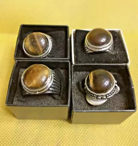 Set of 4 BROWN Costume Faux TIGER Eye Style Men's Ring's Size 7, 8, 9 and 10 - Picture 1 of 12