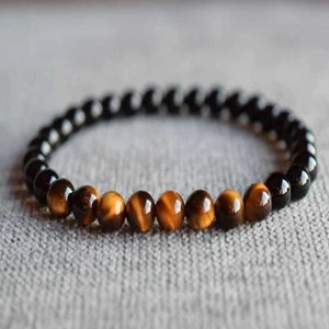 Natural 6mm Black Round Onyx Yellow Tiger's Eye Beads Bracelet Bless Pray - Picture 1 of 2