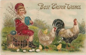 Postcard Best Easter Wishes Boy Chicks Hence Rooster Eggs Embossed Posted Troy - Picture 1 of 2
