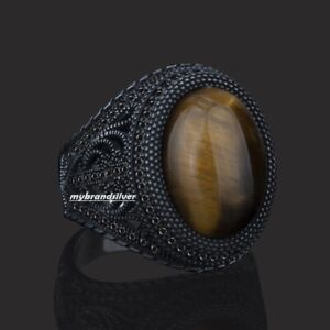 Solid 925 Sterling Silver Turkish Handmade Jewelry Tiger's Eye Men's Ring 