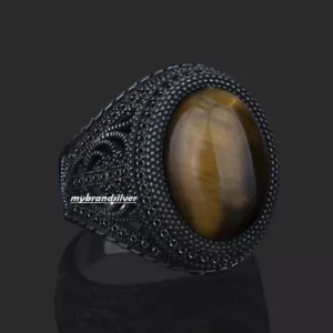 Solid 925 Sterling Silver Turkish Handmade Jewelry Tiger's Eye Men's Ring - Picture 1 of 3