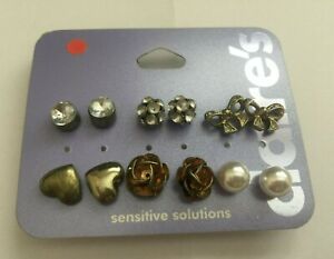 6 Pairs Claire's Earrings, Sensitive Solutions: butterfly, rose, pearl, heart ..