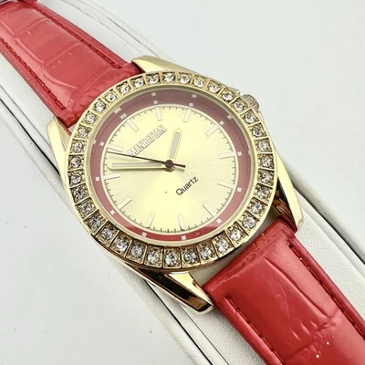 CROTON Manhattan Crystal Accent Gold Red Leather Watch CM404246, New Battery - Image 1 of 4