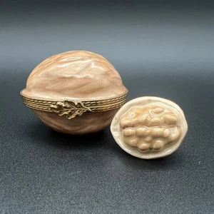Limoges France Peint Main Porcelain Walnut Trinket Box & Nut Accessory Surprise - Picture 1 of 19