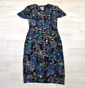 90s La Belle Sheath Dress Floral Button Front Flutter Sleeve Dark Romantic VTG - Picture 1 of 7