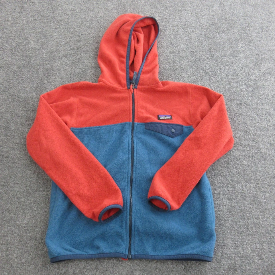Patagonia Fleece Jacket Youth Small 7-8 Red Blue Hooded Full Zip Colorblock - Image 1 of 4