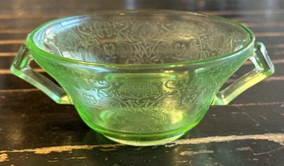 Hazel Atlas Green Florentine Uranium Glass Double Handled Cup Bowl. 4.5”W - Image 1 of 4
