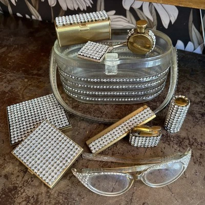 Vintage Cut Lucite Handbag Crystal Studded 1950 Rhinestone Glasses lighter lot - Image 1 of 4