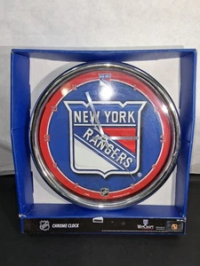 New York Rangers Clock Round Wall Bar Pub Style Blue Red Chrome 12" Wide NEW - Picture 1 of 4