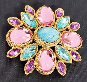 Joan Rivers Pink Turquoise Cabochon Purple Aqua Crystal Maltese Cross Brooch Ne - Picture 1 of 9