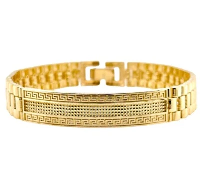 Brazalete de identificación de eslabones de jubileo con llave griega de oro amarillo macizo de 14K para hombre 38,6 gramos 8,5 pulgadas Foto 1 de 4