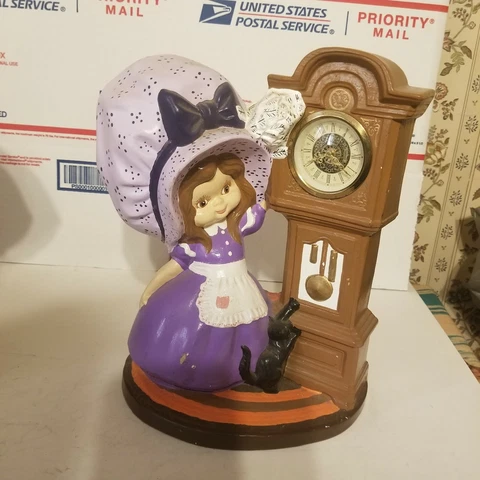 VINTAGE NARCO CERAMIC HAND PAINTED ALARM CLOCK W/Girl Wiping Clock Cover