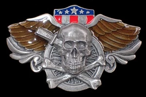 SKULL & CROSS BONES ON WINGED WHEEL BIKER BELT BUCKLE SISKIYOU PEWTER NEW - Picture 1 of 2