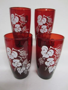 Vintage Set/4 Tea Tumblers Lemonade Glasses Ruby Red w White Grape Grapevine - Picture 1 of 5