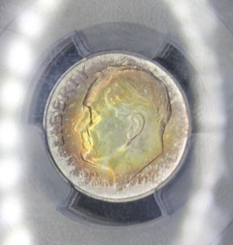 1948 S Roosevelt Silver Dime Graded PCGS MS64 Rainbow Color Toning Toned Coin Cover