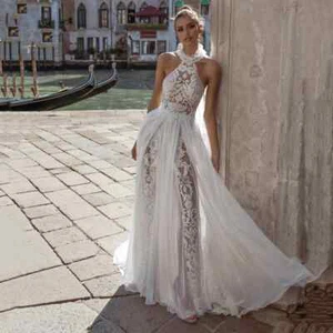 Elegant Lace Halter Wedding Dress Delicate Lace Decal Bridal Gown Mopping Length - Picture 1 of 11