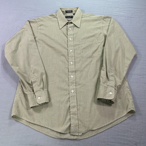 Camicia VINTAGE Christian Dior uomo XL 16 5 34 35 marrone kaki abito con bottoni USA