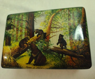 Caja de laca rusa Fedoskino Morning in the Forest Bear & Cubs baratija de recuerdo Foto 1 de 4