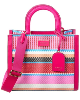 kate spade- Manhattan- Striped Woven Straw Small Tote- Wild Raspberry- NWT- $378 - Image 1 of 4