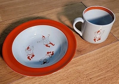 Vintage Arabia  Child's Cup & Bowl Finland Tonttu Rust Red Clowns Jester - Image 1 of 4