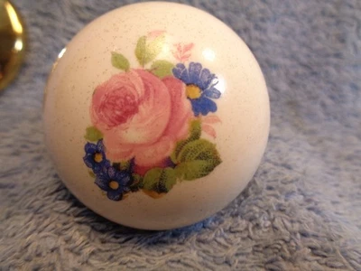 Vtg Salvage Porcelain & Brass Doorknob Knob Handle Pink Blue Floral Flowers - Image 1 of 4