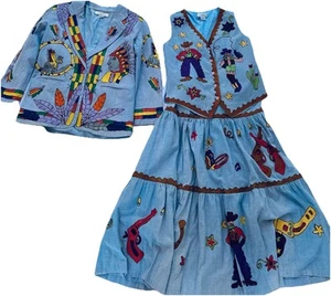 VTG Sandy Starkman Skirt Jacket Vest Set Womens M Embroidered 3 Pc Indian - Picture 1 of 16
