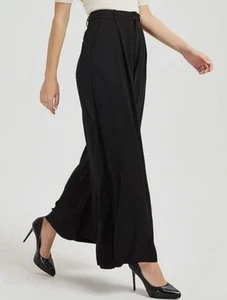 Tronjori Women High Waist Wide Leg Long Palazzo Black Pants Trousers Size Large - Picture 1 of 13