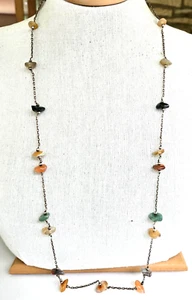 Vintage Boho Agate Nugget Bead Silver Elongated Chain Necklace 34" Claspless - Picture 1 of 5