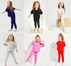 MÄDCHEN KINDER UNI BAUMWOLLE VOLLE LÄNGE LEGGINGS ALTER 1-13 SCHWARZ + FARBEN - Bild 1 von 14