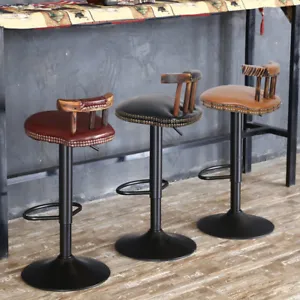 2X Industrial Leather Bar Stools Kitchen Breakfast Chairs Vintage Wood Backrest - Picture 1 of 19