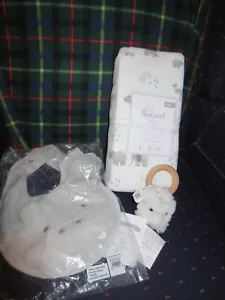 POTTERY BARN FLANNEL CRIB SHEET, RATTLE AND BIB--HIPPOS ALL OVER ALL NWT - Picture 1 of 10