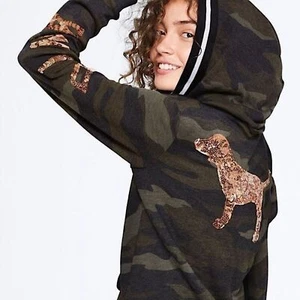 PINK Victoria Secret Camo Army Long Sleeve Zip Up Rose Gold Sequin Hoodie Size M - Picture 1 of 13
